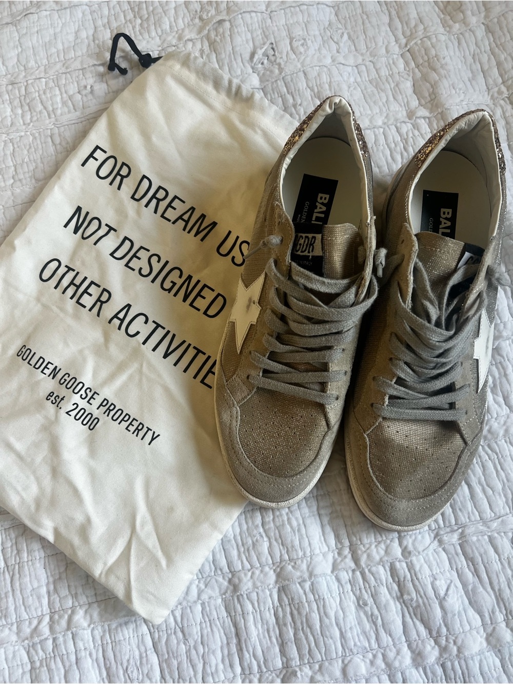 Golden Goose Women's Gray Suede Sneakers with White Star and Glitter Heel